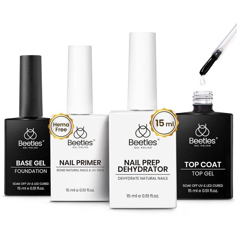 Beetles Gel Top Coat & Base Coat Set - 15ml Professional Nail Prep with Acid-Free Primer & Dehydrator