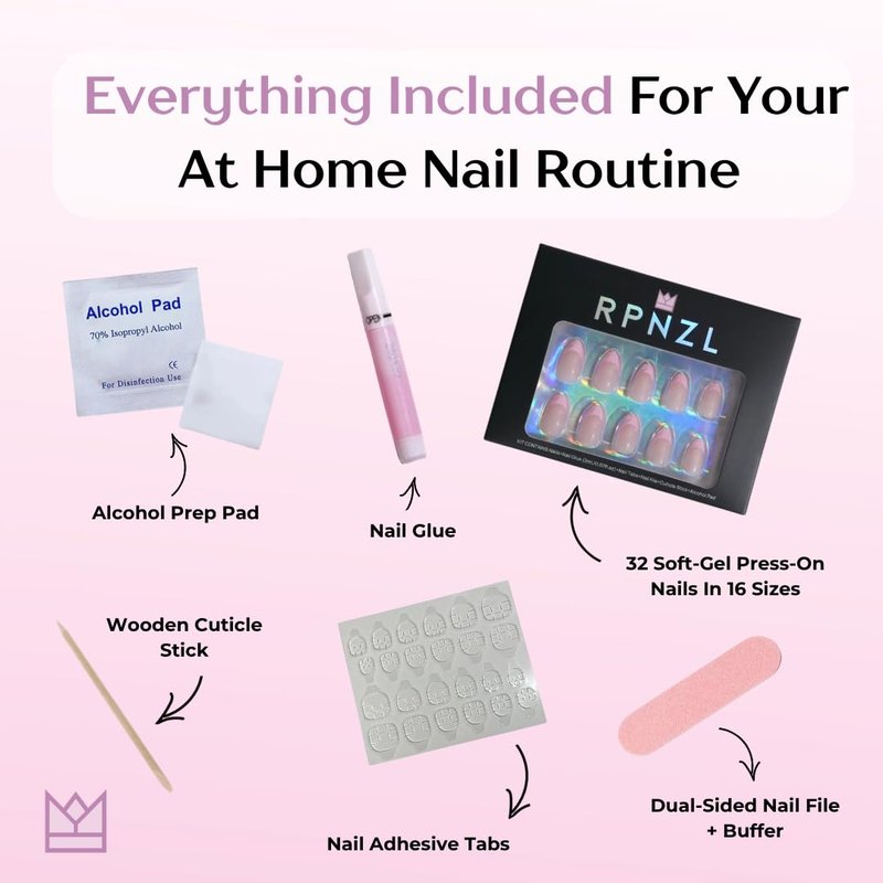 RPNZL Press On Nails - BubbleGum French | 3D Pink French Tip, UV Finish Almond Nails, Reusable | 32 Nails, 16 Sizes Kit with Glue and Adhesive Tabs I Female Founded