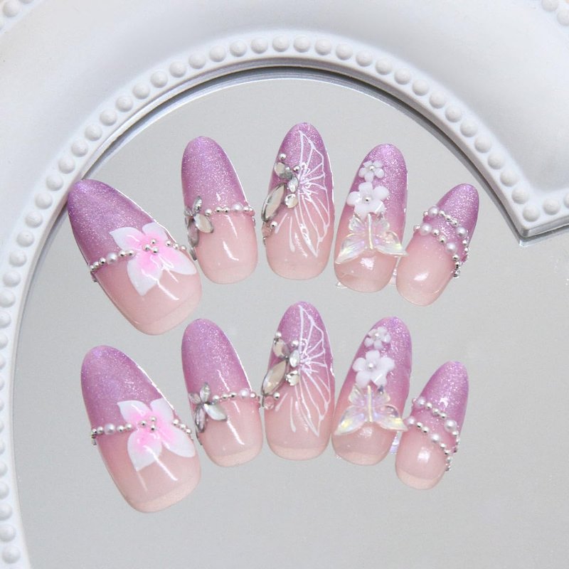 Gradient Purple Press-On Nails - Medium Almond French Tip with Glitter & 3D Pearl Gems | Spring Flower Acrylics