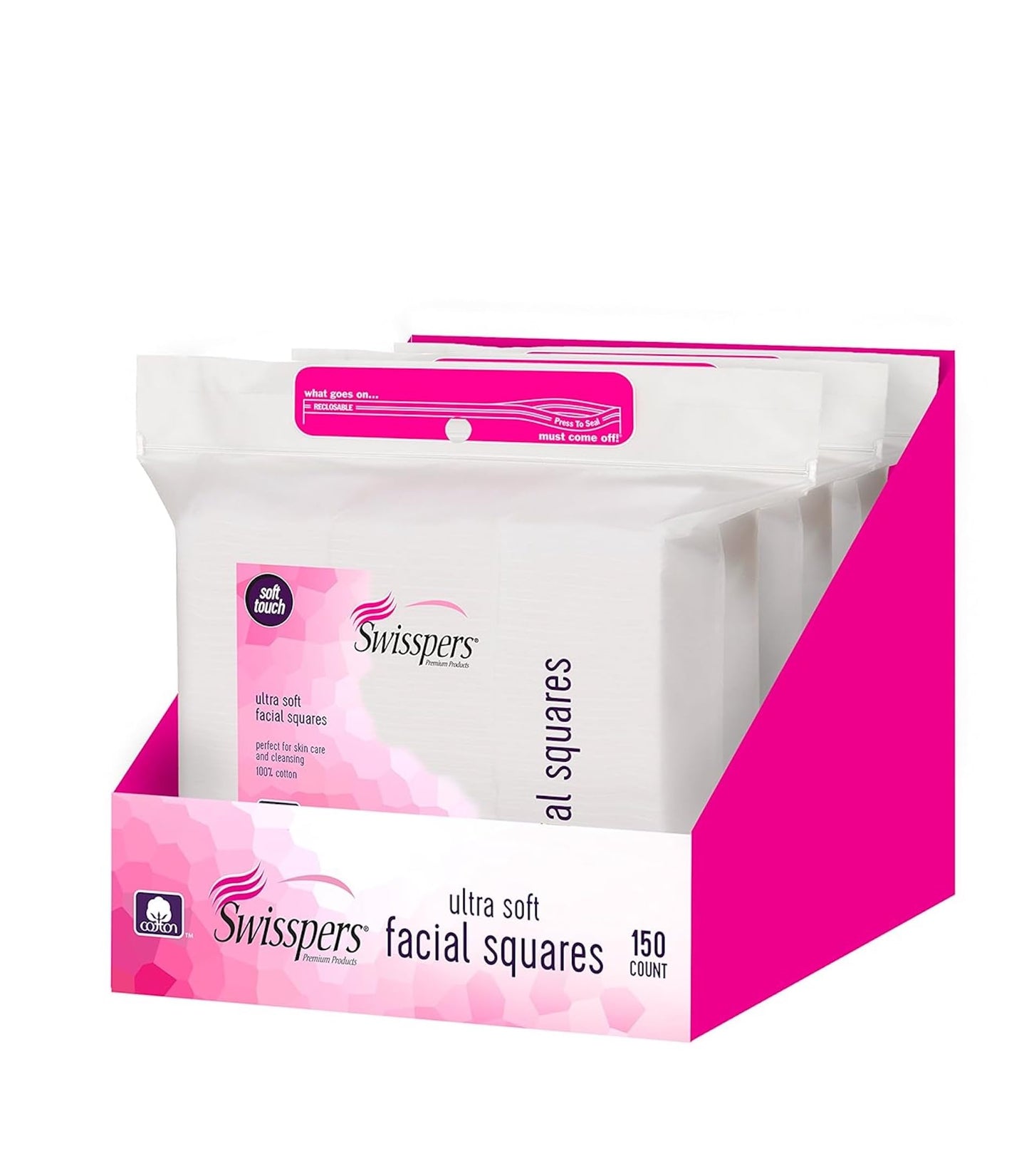 Swisspers Premium Ultra Soft Cleansing Cotton Pads – 150 Count (Pack of 3) – Luxuriously Soft Pads for Gentle Skincare and Makeup Removal – 100% Cotton