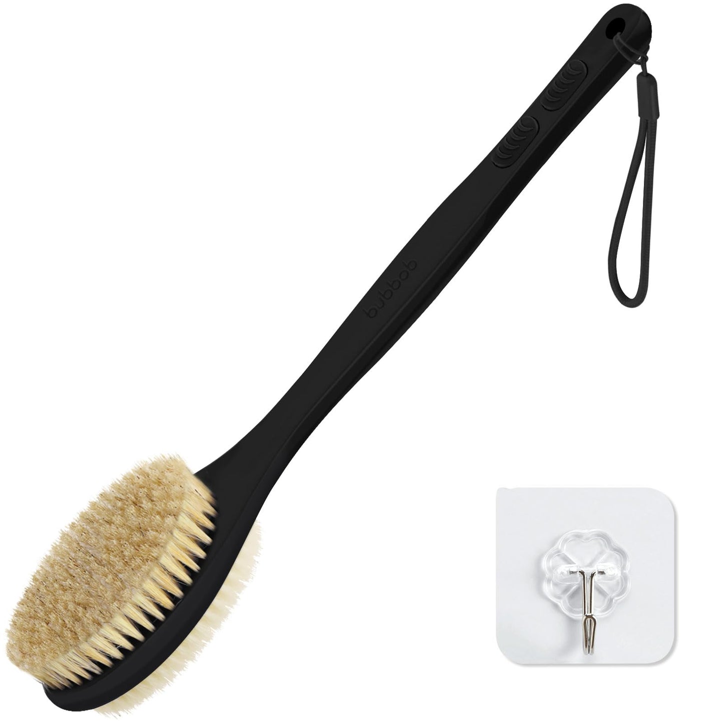 Back Scrubber for Shower with Long Handle, Exfoliating Bath Brush for Body - Double Sided Bristles (Stiff & Soft), Anti-Slip Grip, Lightweight - Gift for Seniors, Includes Lanyard & Hook,Black