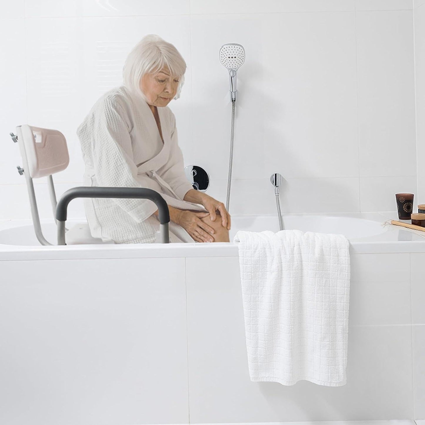 Vaunn Medical Deluxe Spa Shower Chair with Arms and Back, Bath Seat for Seniors, 350 lbs Max Weight, White With Light Gray Arms