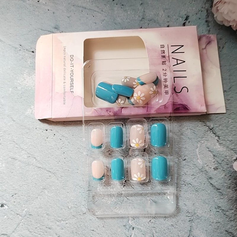 Press On Nails - Short Square Acrylic Nail Kit with Glossy Blue French Designs | 24 Pcs Full Cover Floral Stick-On Nails for Women