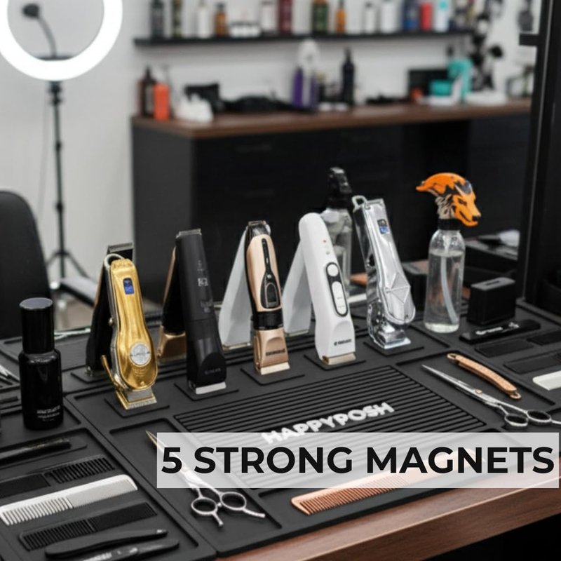 HAPPYPOSH Modular Magnetic Barber Mat Set 4PCS with 5 Strong Magnets, Extra Large Barber Station Mat, Full Workstation Setup for Clippers & Tools, Non-Slip Rubber Organizer for Professional Barbers