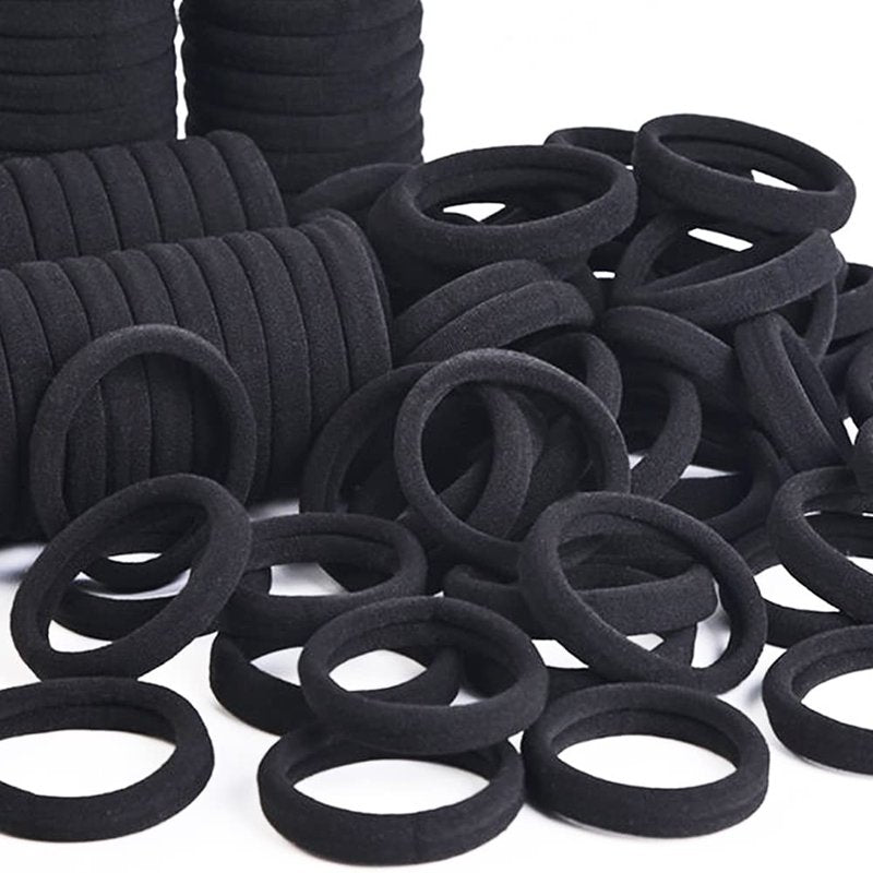 J-MEE Hair Bands - 100PCS Seamless Cotton Ponytail Holders | Durable Scrunchies for Thick Hair - Black