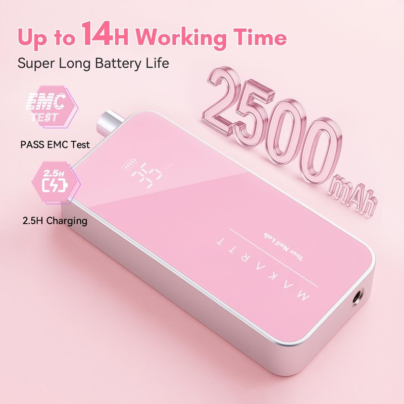 Makartt Nail Drill Professional, 35,000RPM Rechargeable Electric Nail File for Acrylic & Gel Removal, 60W Brushless Motor, 2-in-1 Desktop & Portable, LCD Display, for Home & Salon Use, Nouvella Pink