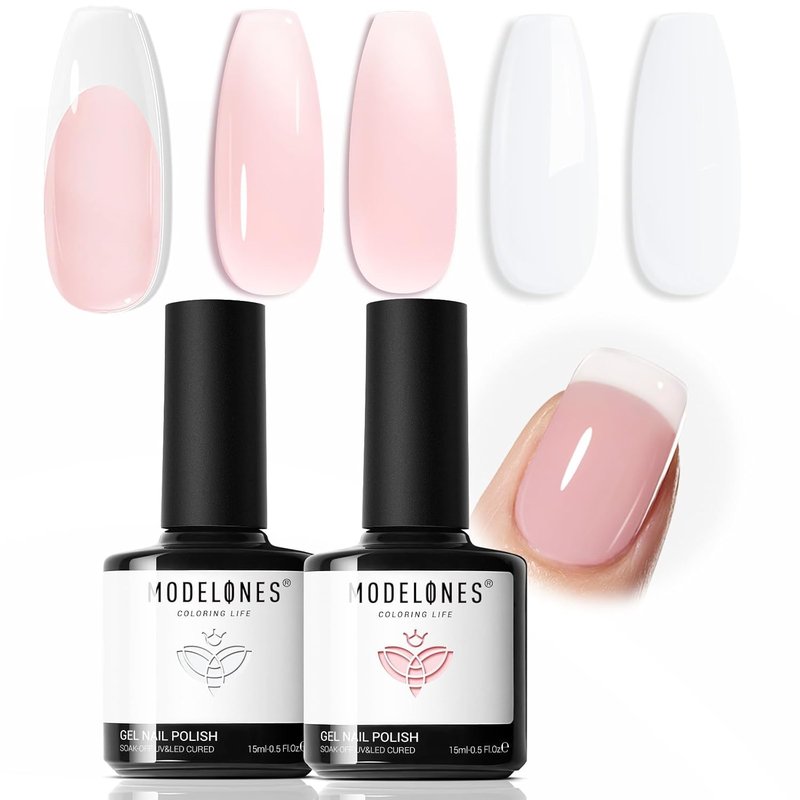 Modelones Gel Nail Polish Set - 2 Pcs 15ml French Manicure Kit in White & Nude Pink | Soak Off UV LED Gel for DIY Nail Art