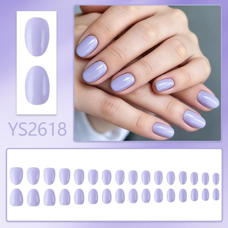 32Pcs Short Oval Press on Nails Light Purple Fake Nails Solid Color Glossy Full Cover Stick on Nail Easy Apply Reusable Artificial Manicure Kit for Women