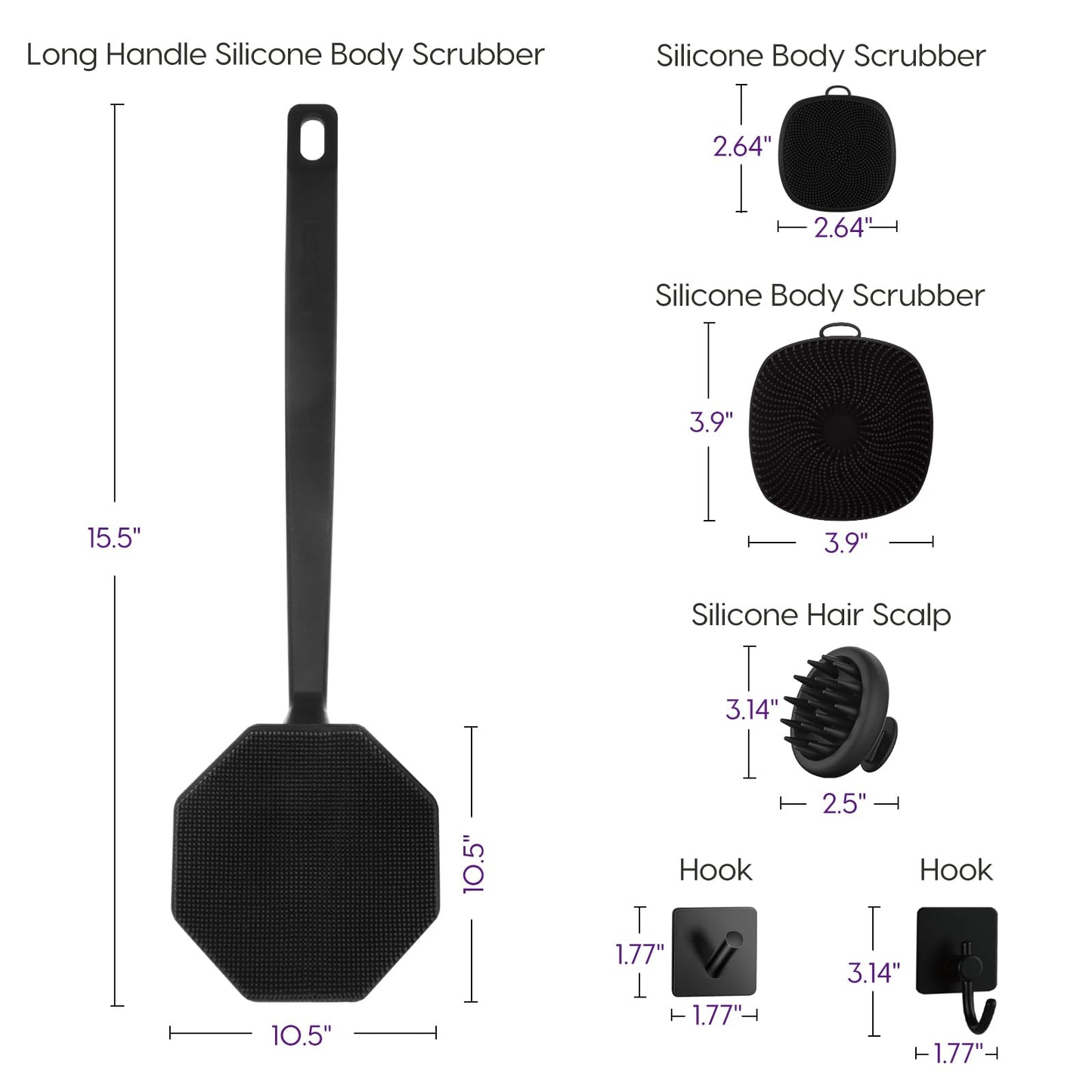 Silicone Body Scrubber Set, Includes Back & Body Scrubbers, Face Brush, Scalp Massager, 4 Storage Hooks, Shower & Bathroom Hygiene Accessories for Present(Black)