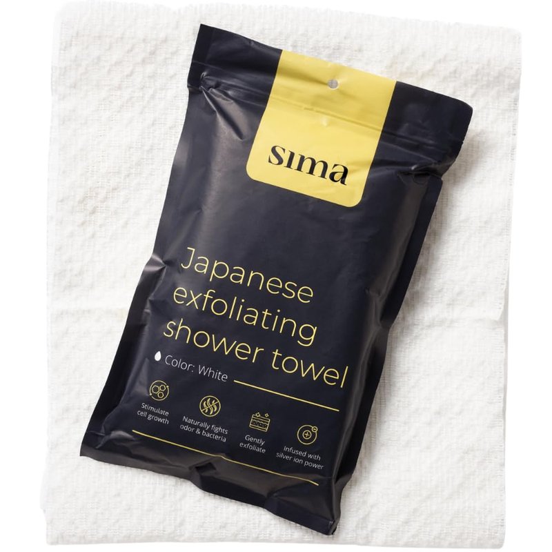 Sima Brand Exfoliating Washcloth Face & Body Scrub Towel - Japanese Exfoliating Towel with Hexagon Fibers, Body Scrubber with 2 Sides for Scrubbing & Washing, Extra Long Body Towels (White)