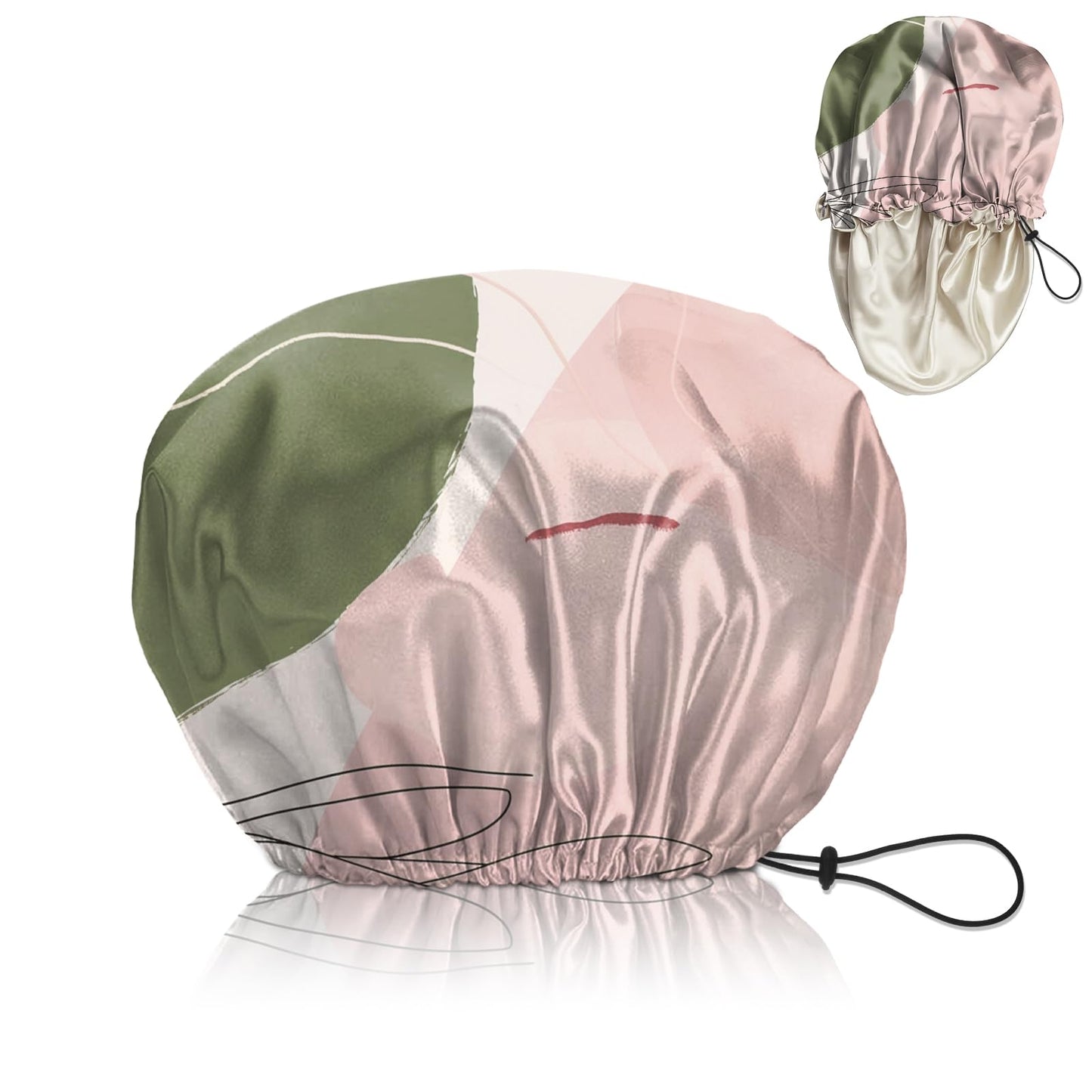 Cabreche Luxury Shower Cap Satin Silk Lined Adjustable Elastic Reusable Waterproof Shower Bath Cap Cute for Women Girls-Color Block