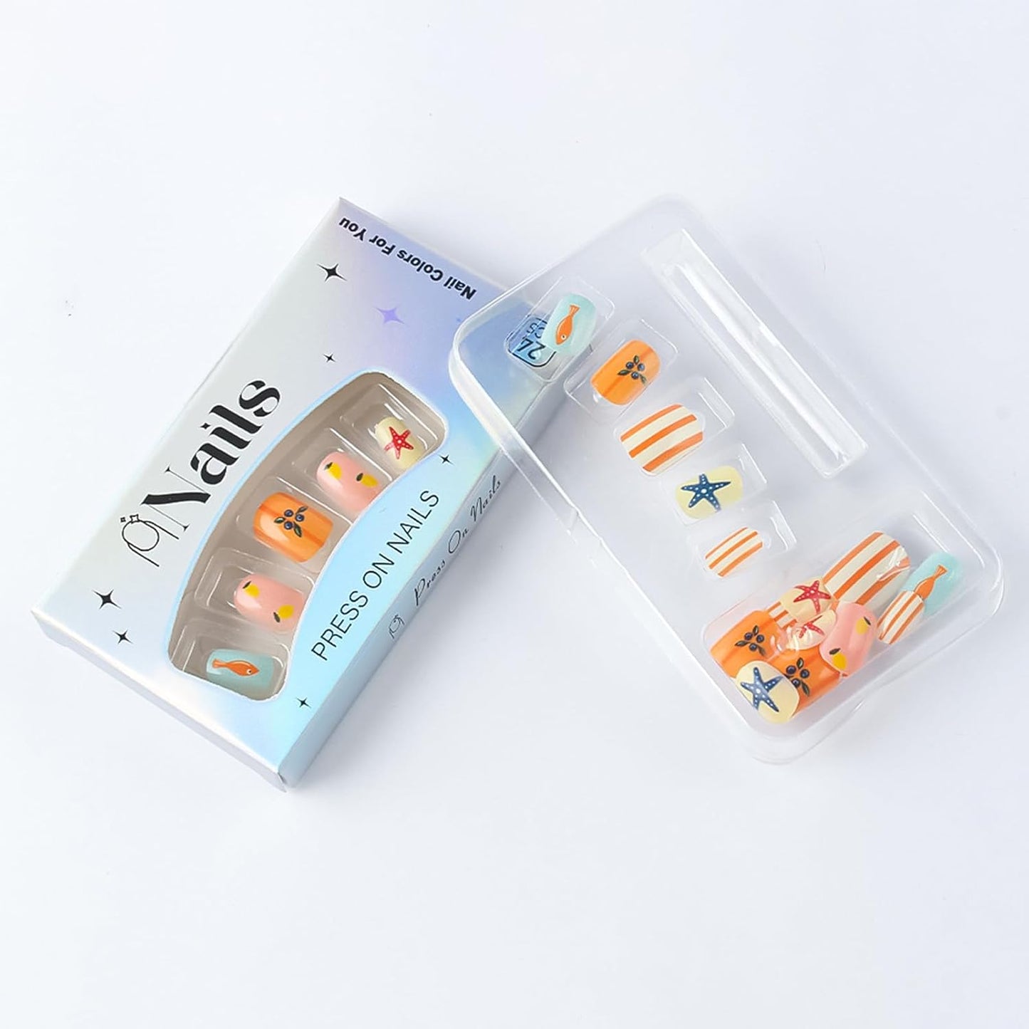 Skiennix Short Square Press-On Nails - Colorful Summer Designs with Starfish & Stripes | 24 Pcs