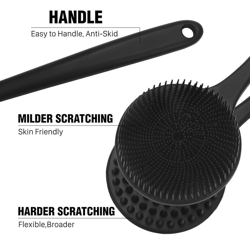 Silicone Body Scrubber - Dual-Sided Exfoliating Shower Brush for Men & Women | Long Handle, Includes 1 Hook & 2 Lather Balls - Black