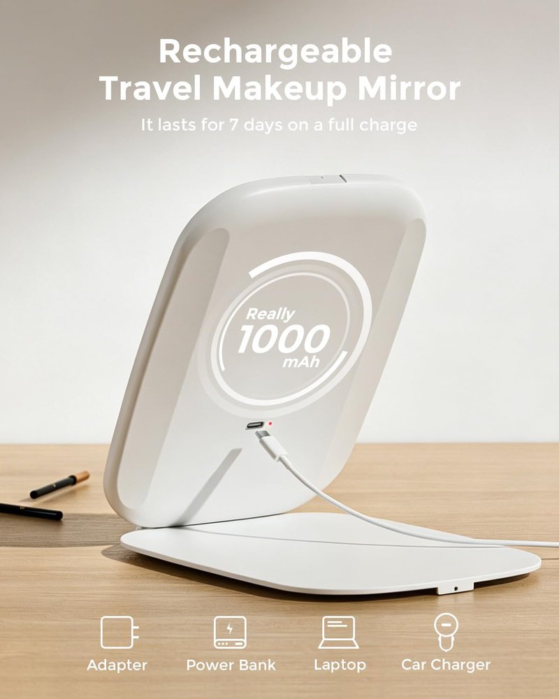 NEZZOE Travel Mirror with LED Light, Rechargeable Portable Lighted Makeup Mirror, 3 Lighting Modes Dimmable Touch Control, Foldable Compact Vanity Mirror for Travel Tabletop, 7x5 Inch
