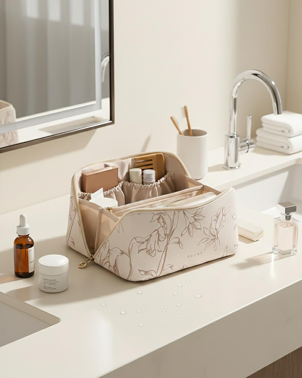 Travel Makeup Bag - Large Capacity Waterproof Cosmetic Pouch for Women | Open Flat Design (Beige)