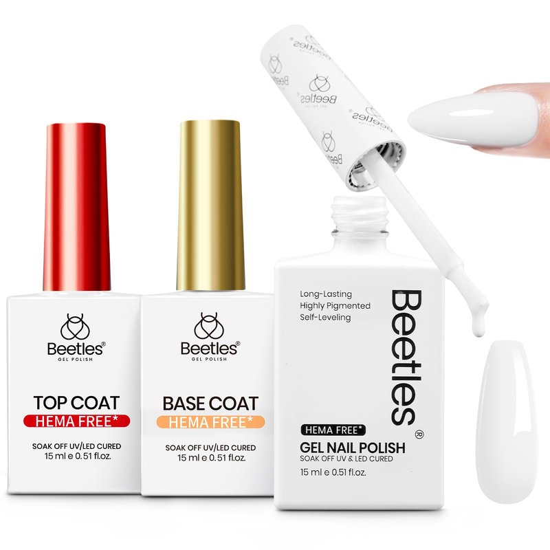 Beetles HEMA Free Gel Polish Set 15ml, White Gel Nail Polish with Gel Base and Top Coat, UV LED Soak Off Gel Polish Kit for Sensitive Nails, DIY French Tip Manicure