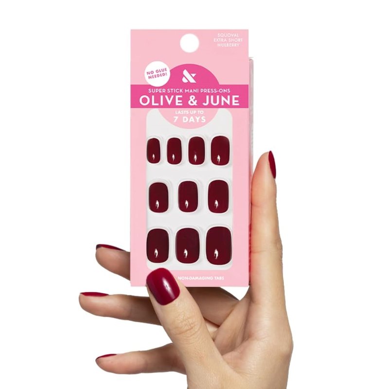 Classic Super Stick Press-On Nails - No Glue Needed, Non-Toxic | 32 Tabs in 16 Sizes | Extra Short Squoval in Mulberry Maroon