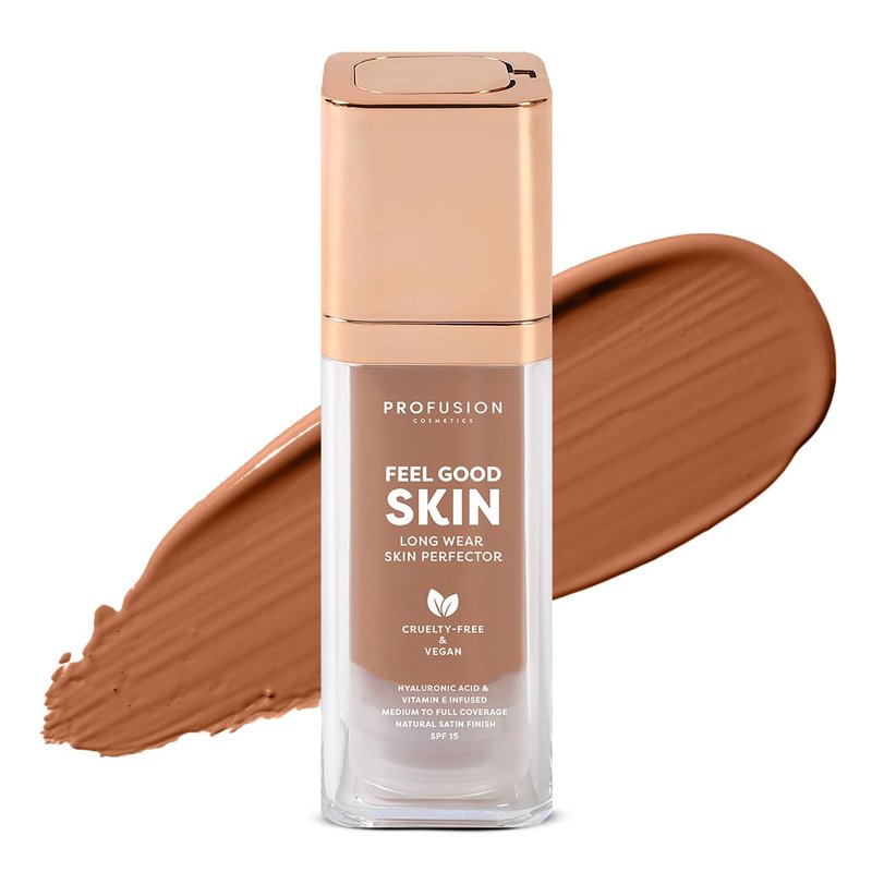 Profusion Cosmetics Feel Good Skin Foundation – Radiant Satin Finish, Buildable Coverage with SPF 15 Sun Protection, Hydrating, Lightweight, Vegan & Cruelty-Free Makeup (Deep 500, 1)