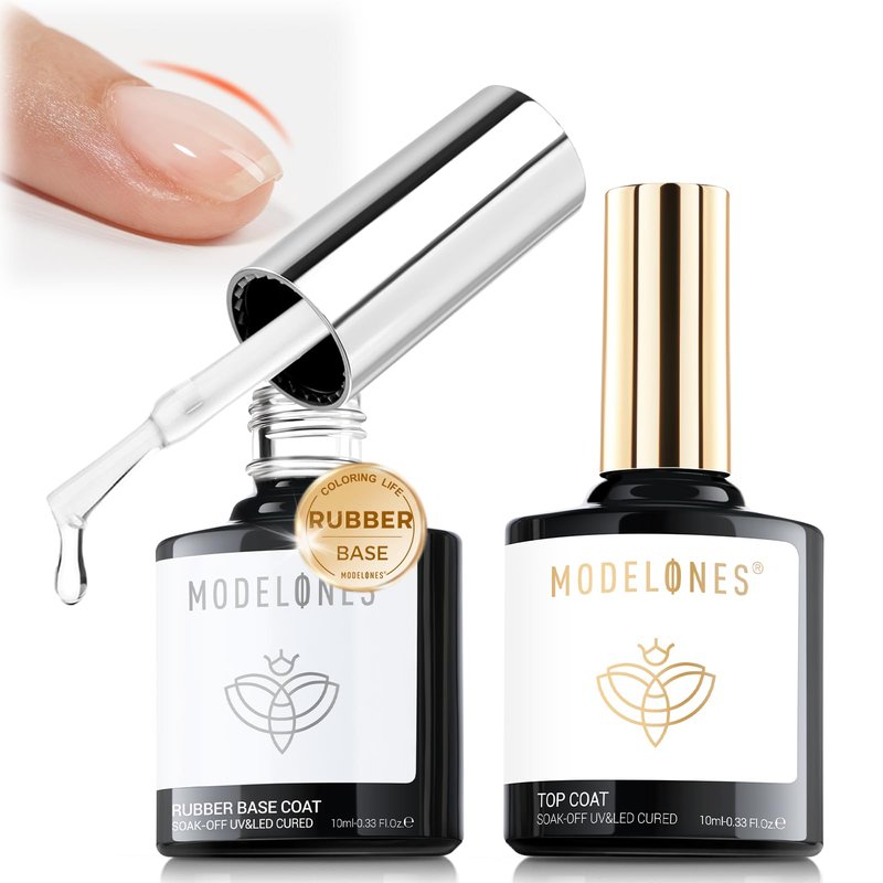 modelones Rubber Base Top Coat Set, Builder Nail Gel No Wipe Glossy 2Pcs Clear Gel Polish Strengthener for Apex Building Nail Glue Long Lasting Shiny Protect Thin Weak Nails Soak Off U V Manicure Gift