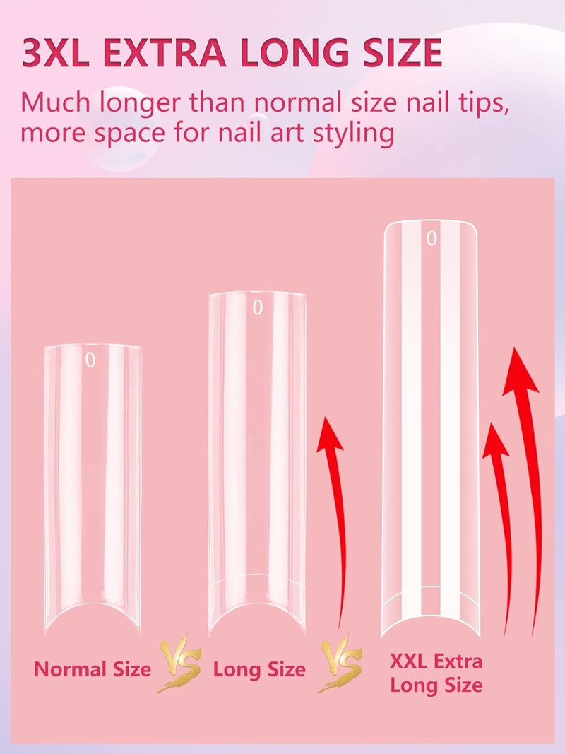 LIONVISON 504PCS Clear Nail Tips - 3XL Extra Long Flat Tapered Square for Acrylic Nails | 12 Sizes