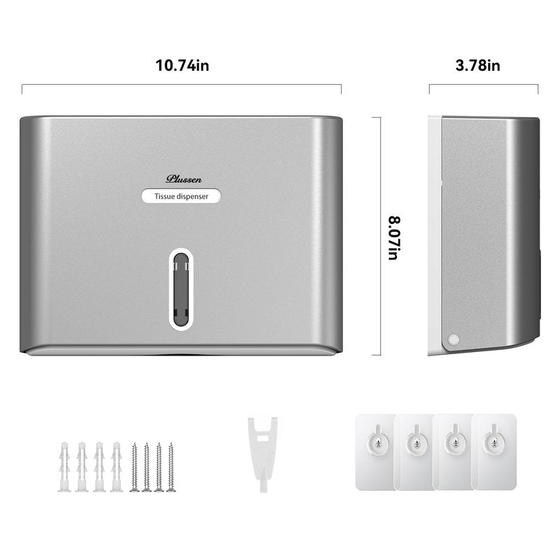 PLUSSEN Paper Towel Dispenser Wall Mount, Adhesive No Drilling Multifold Trifold C Fold Commercial Hand Towel Dispenser,Silver