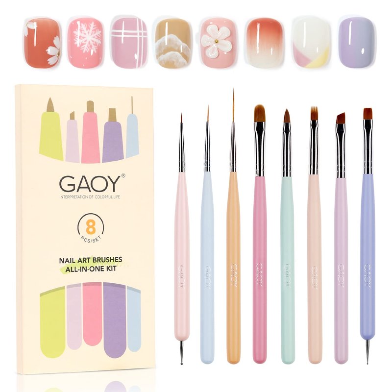 Nail Art Brushes Set - 8 Pcs Detail Painting Tools for French Liner & Dotting | Nail Design Essentials