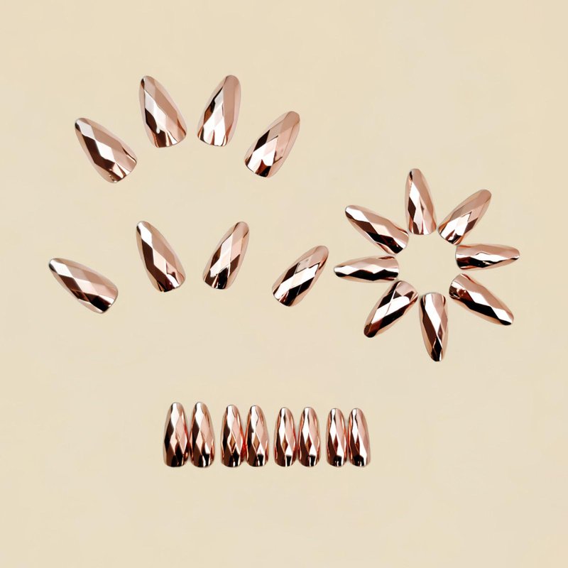 RUOKEXIN Almond Press on Nails Medium Length Fake Nails Rose Gold Chrome False Nails with 3D Rhombus Designs Full Cover Nail Press ons Sparkly Artificial Nails for Women 24Pcs