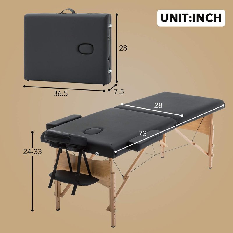 Sentiment Portable Massage Table Spa Bed Height Adjustable 73 Inches Long 28 Inches Wide 2 Folding Massage Bed Portable Massage Table with Carrying Case (Black)