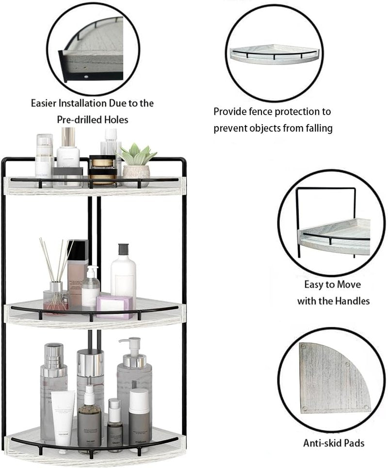 Dorhors 3-Tier Corner Bathroom Organizer - Rustic White Wood Vanity Tray for Kitchen & Bathroom Storage