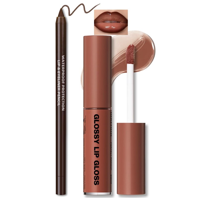 HOSAILY Nourishing Lip Gloss with Brown Lip Liner Lip Combo Set, Moisturizing High Shine Nude Lip Glow Oil Fresh Lightweight Glossy Plumping Lip Gloss for Women Long Wear Mini Liquid Lipstick Makeup#8