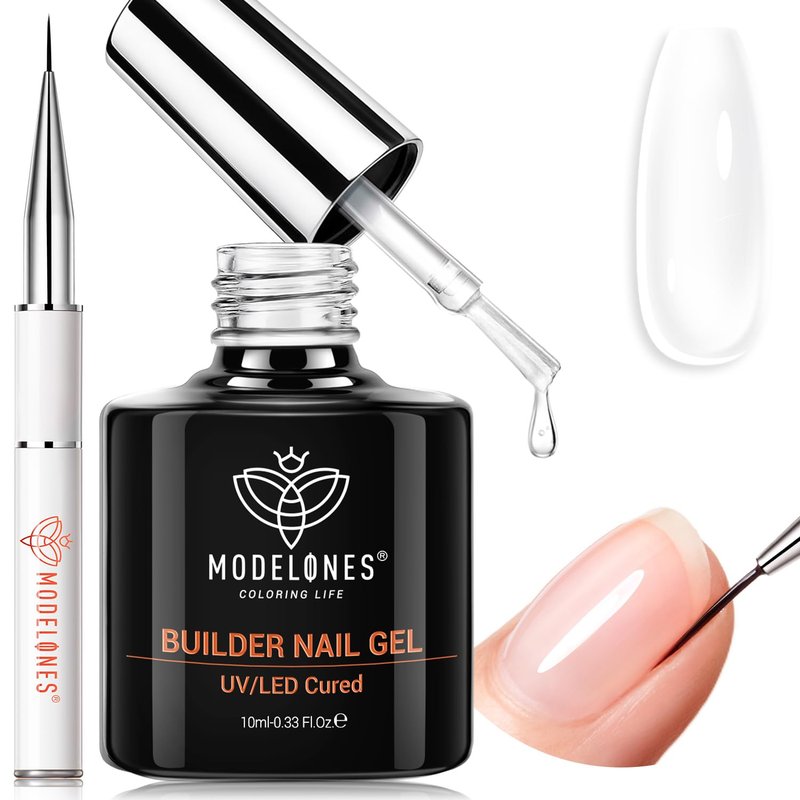modelones Builder Nail Gel, Clear Builder Nail Polish 7-in-One with Detachable Liner Nail Brush LED Lamp Cured Strengthener Color Rubber Base Coat for Apex Building Extension Thickening 10ml