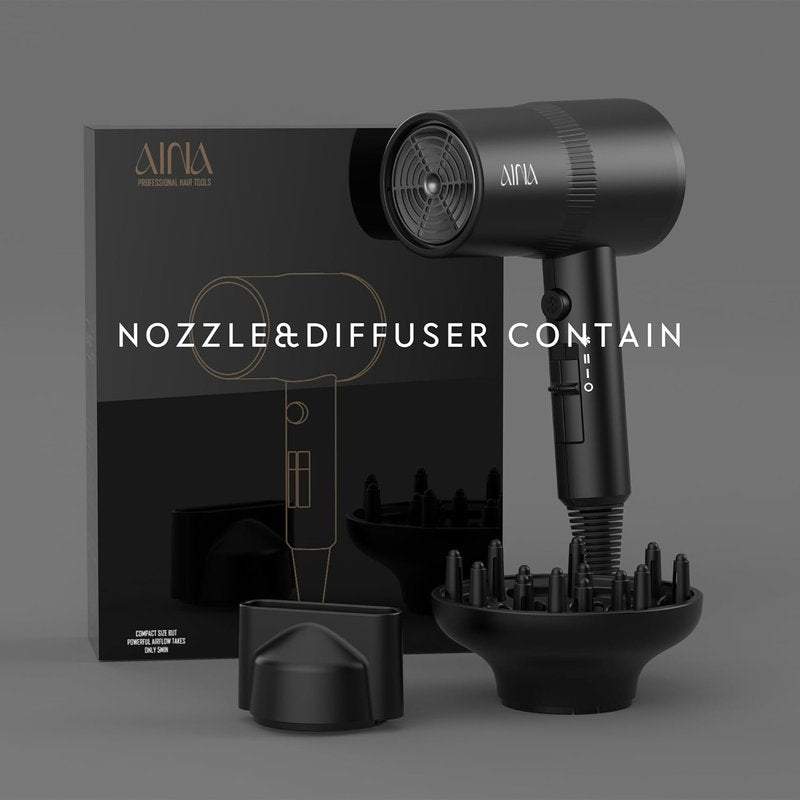 AINA Hair Dryer with Diffuser - Advanced Ionic Technology, Ceramic Coating | Turbo Heat for Fast Drying & Shine, 110V/ALCI (Vader Black)