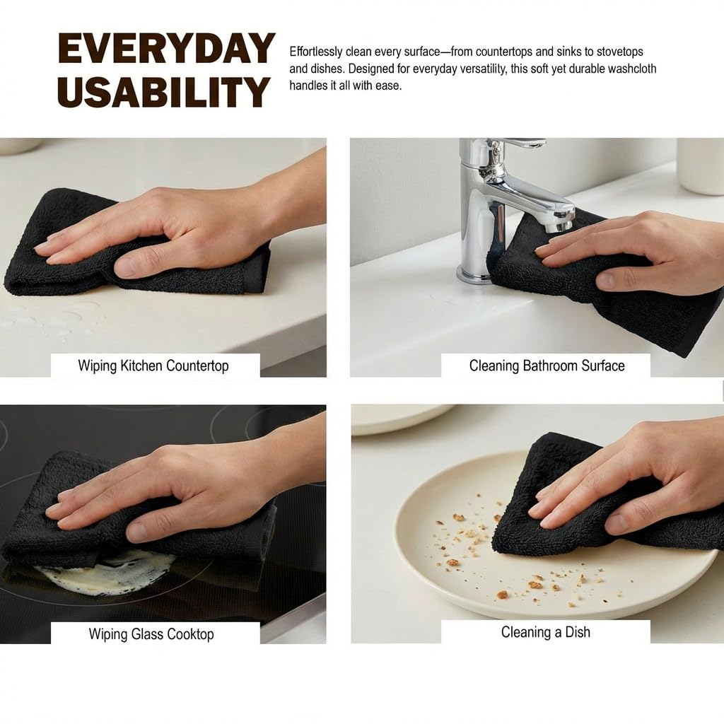 Utopia Towels 60 Pack Cotton Washcloths Set, 100% Ring Spun Cotton, Premium Flannel Face Cloths, Highly Absorbent and Soft Feel Fingertip Towels, Black