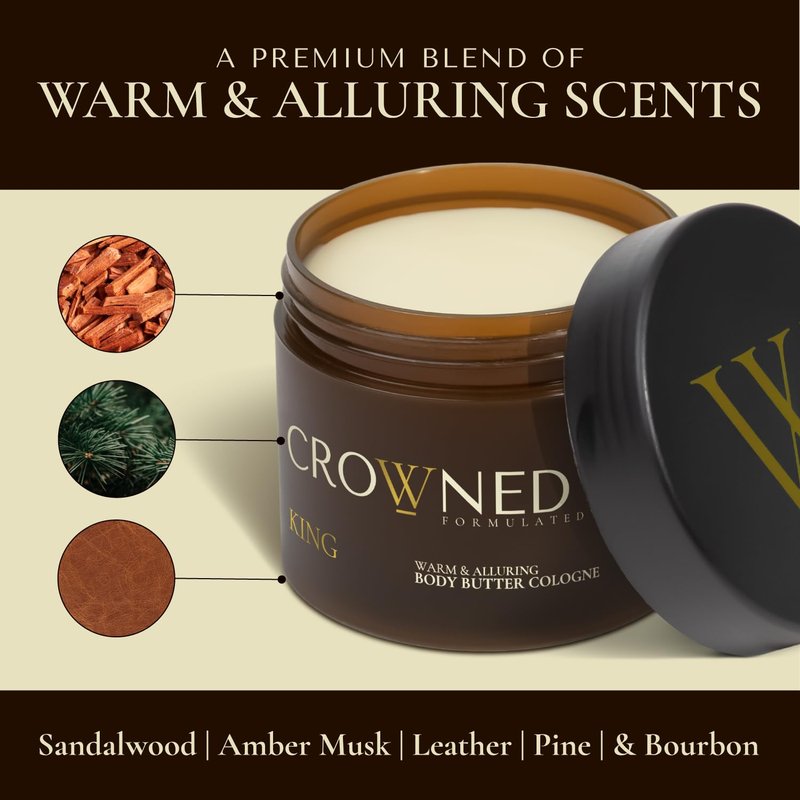 Crowned Skin King Body Butter Cologne and Body Oil Cologne Bundle | As Seen On Shark Tank | Skin Care Set with Warm Sandalwood & Leather Scent | Natural Shea & Mango Butter | All-Day Fragrance