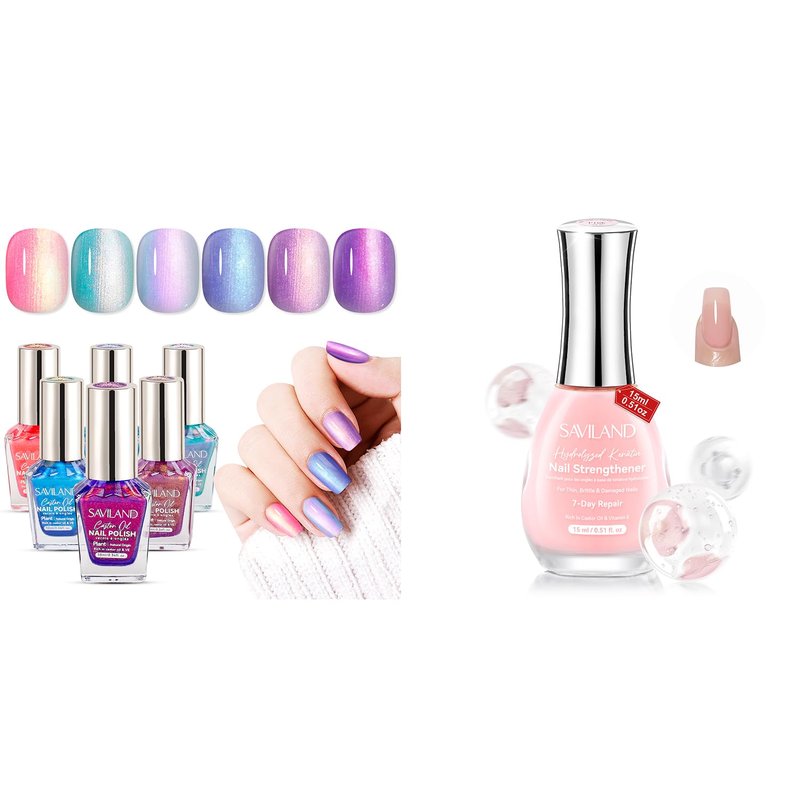 SAVILAND Nail Strengthener & Ombre Nail Polish Set - 15ml Pink Strengthener + 6 Colors: Charm Pink, Blue, Gold, Purple