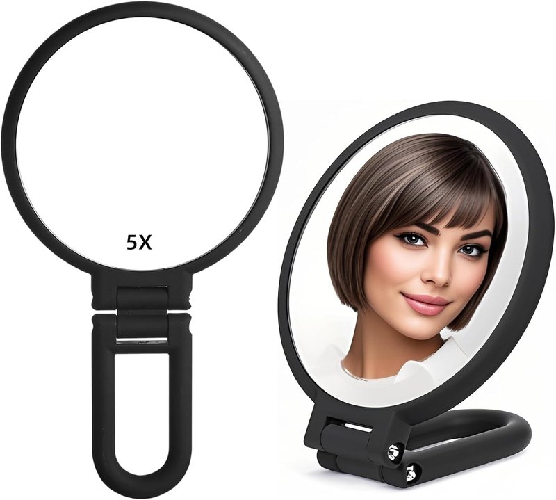 Skiennix Handheld Magnifying Mirror - 1X/5X Double-Sided with Adjustable Handle | Travel-Friendly Black