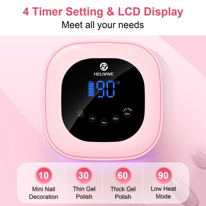 HELIVIVE Cordless UV LED Nail Lamp, 80W Rechargeable Nail Dryer with 4 Timers, Atmosphere Light & Mirror Base, UV Light for All Gel Nails, Ideal for Training,Nail Art Practice,Home & Salon Use (Pink)
