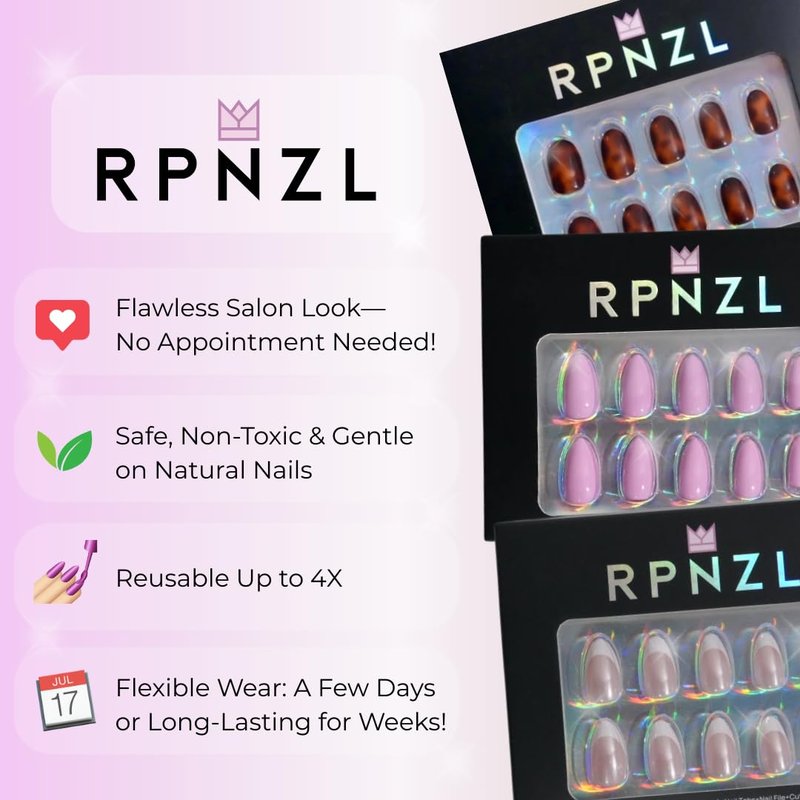 RPNZL Press On Nails - BubbleGum French | 3D Pink French Tip, UV Finish Almond Nails, Reusable | 32 Nails, 16 Sizes Kit with Glue and Adhesive Tabs I Female Founded