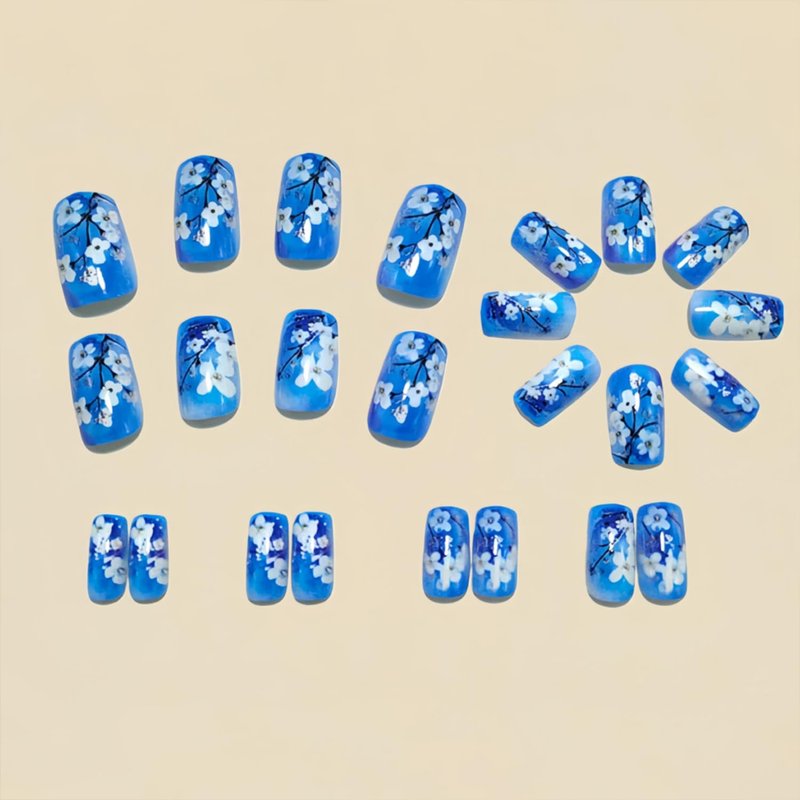 LWTZLW Blue Press on Nails Medium Square False Nails White Flower Design Full Cover Glue on Nail Summer Blue Gradient Floral Reusable Acrylic Fake Nails Glossy Artificial Stick on Nail for Women