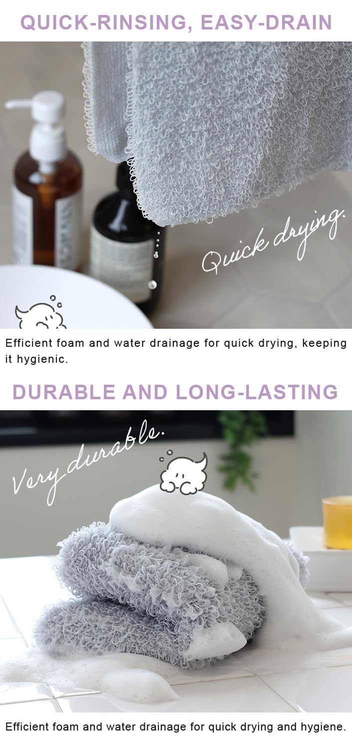 HIORIE Exfoliating Shower Towel - Soft Washcloth for Rich, Luxurious Lather - Lavender - Made in Japan