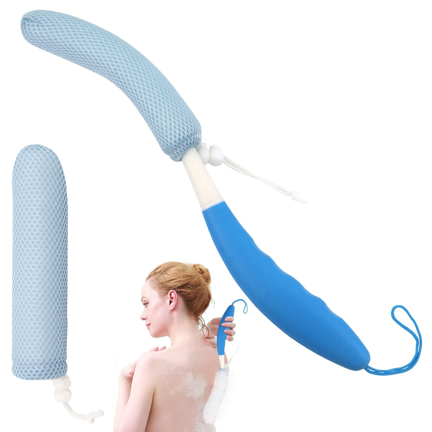 KkaFFe Shower Brush with Long Handle，15.35" Back Brush，Long Back Scrubber for Men Women，Long Handled Sponge Body Exfoliator, Loofah Back Scrubber for Aid Bathing
