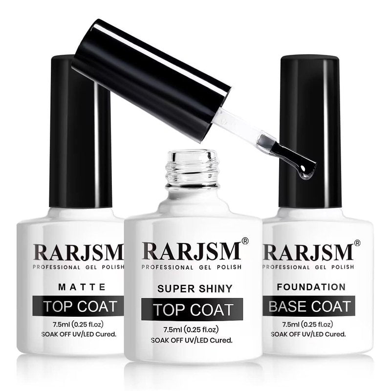 RARJSM Matte Gel Top Coat and Base Coat Glossy Shine Top Coat Gel Nail Polish 7.5ml 3PCS Set UV LED Curing Required Shiny Gel Polish Long Lasting Soak off Home DIY Salon Manicure