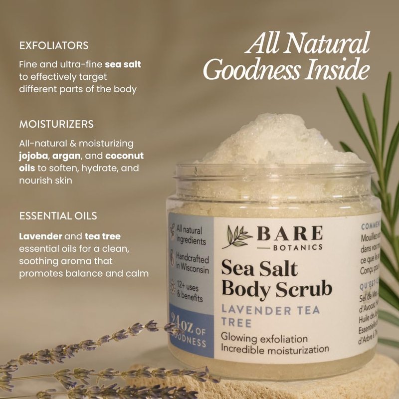Lavender Tea Tree Body Scrub - All-Natural Sea Salt Exfoliator | 24oz Vegan Moisturizer with Wooden Spoon