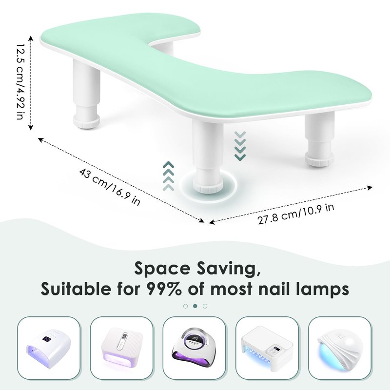 Manicure Arm Rest for Nails Tech: U-shaped Adjustable Nail Armrest - Mint Green PU Leather Hand Stand Rest for Manicurists