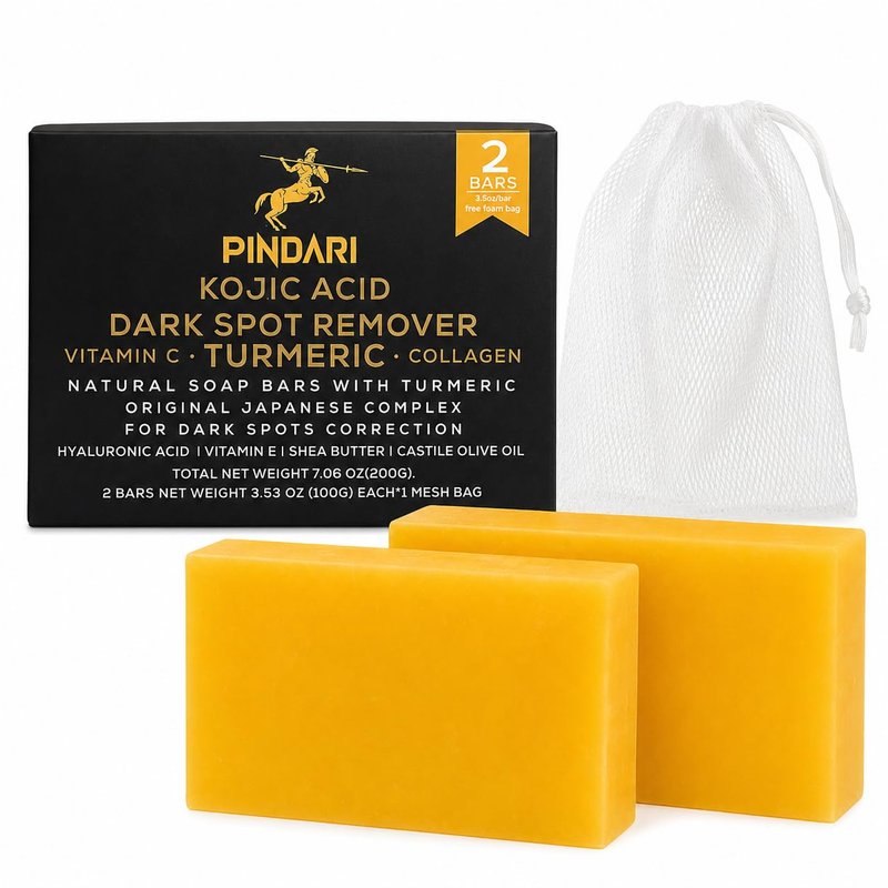 Pindari Turmeric Kojic Acid Soap Bar 2 Pack 3.53 oz Each | Face & Body Cleansing Bar with Vitamin C | Collagen | Hyaluronic Acid | Vitamin E & Shea Butter | SLS Free | Paraben Free | Vegan