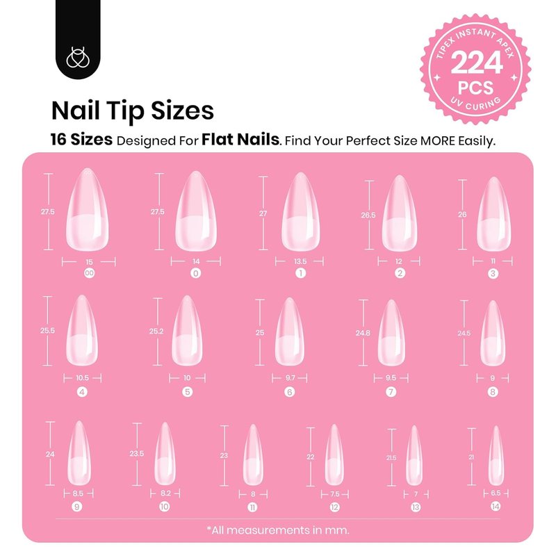 Beetles Tipex Instant Apex Nail Tips Kit - Medium Stiletto | 224 Pcs, 16 Sizes, Pre-Built & Pre-Etched with Glue & Mini Lamp