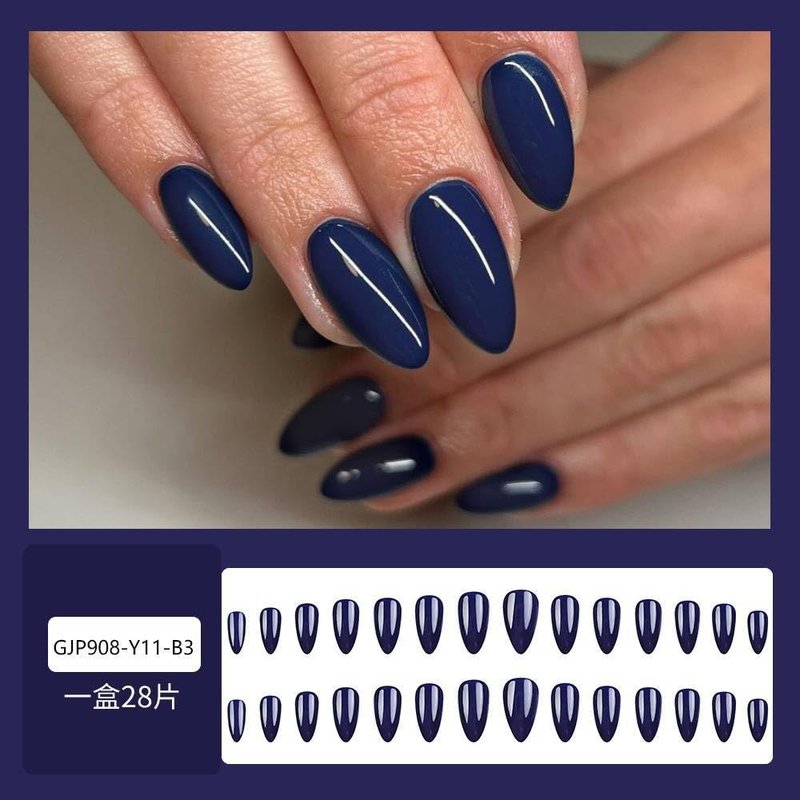 Navy Blue Press on Nails Medium Almond Dark Royal Fake Nails with Royal Blue Design Solid Colour Acrylic False Nail Artificial Stick on Nail for Women 24Pcs