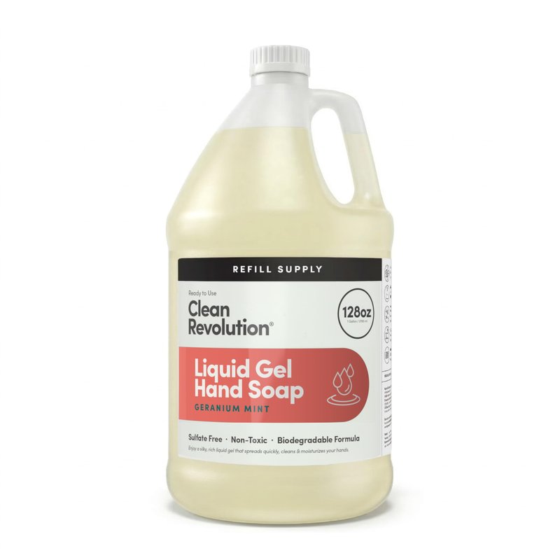 Clean Revolution Liquid Gel Hand Soap, Silky Rich Liquid, Quick Lather, Fast Rinsing, Contains Real Essential Oils (Geranium Mint) 128 Fl Oz
