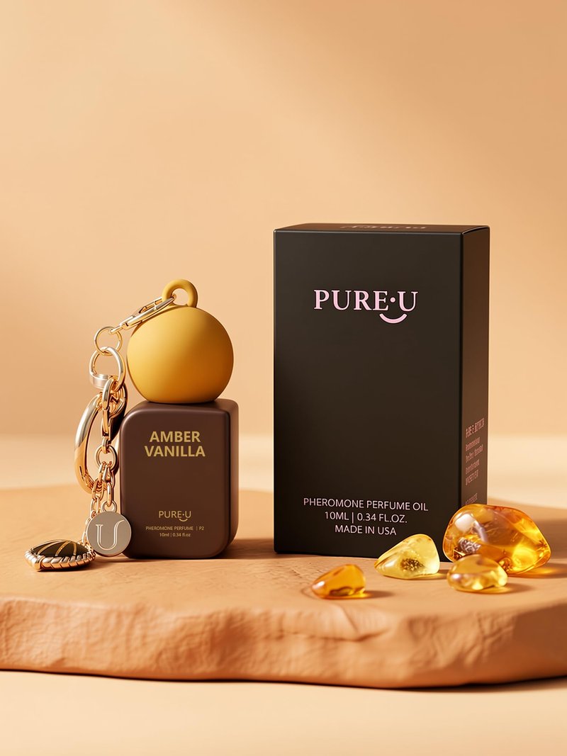 PUREU Amber Vanilla Pheromone Perfume Oil for Women, Long Lasting Extrait de Parfum Roll On with Clip-on Keychain, Alcohol Free Portable Travel Size Fragrance for Date Night & On-the-Go, 0.34 Fl OZ