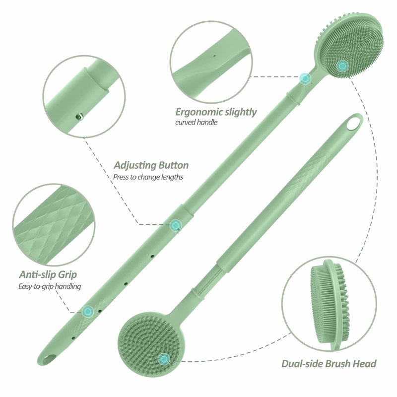 GEENOA Silicone Back Scrubber & Soft Bath Glove 2PCS, 16''- 24'' Extendable Shower Scrubber with Dual-Side Head, 360° Anti-Slip & Hand-fit Silicone Body Scrubber for Rich Foaming Deep Cleaning(Green)
